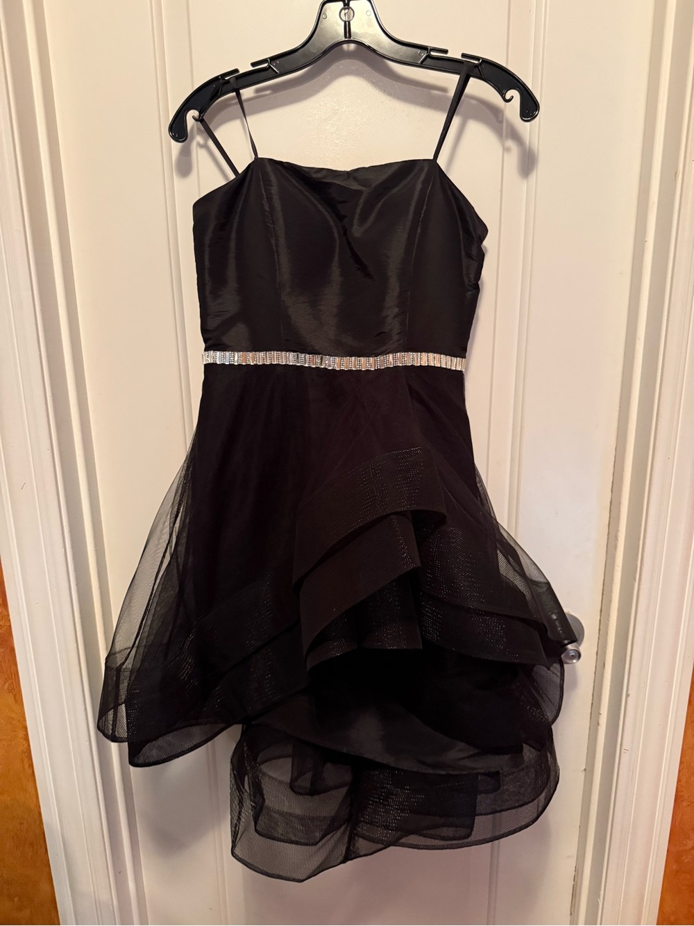 Girls Black Spaghetti-Strap Party Dress with Rhinestone Waist
